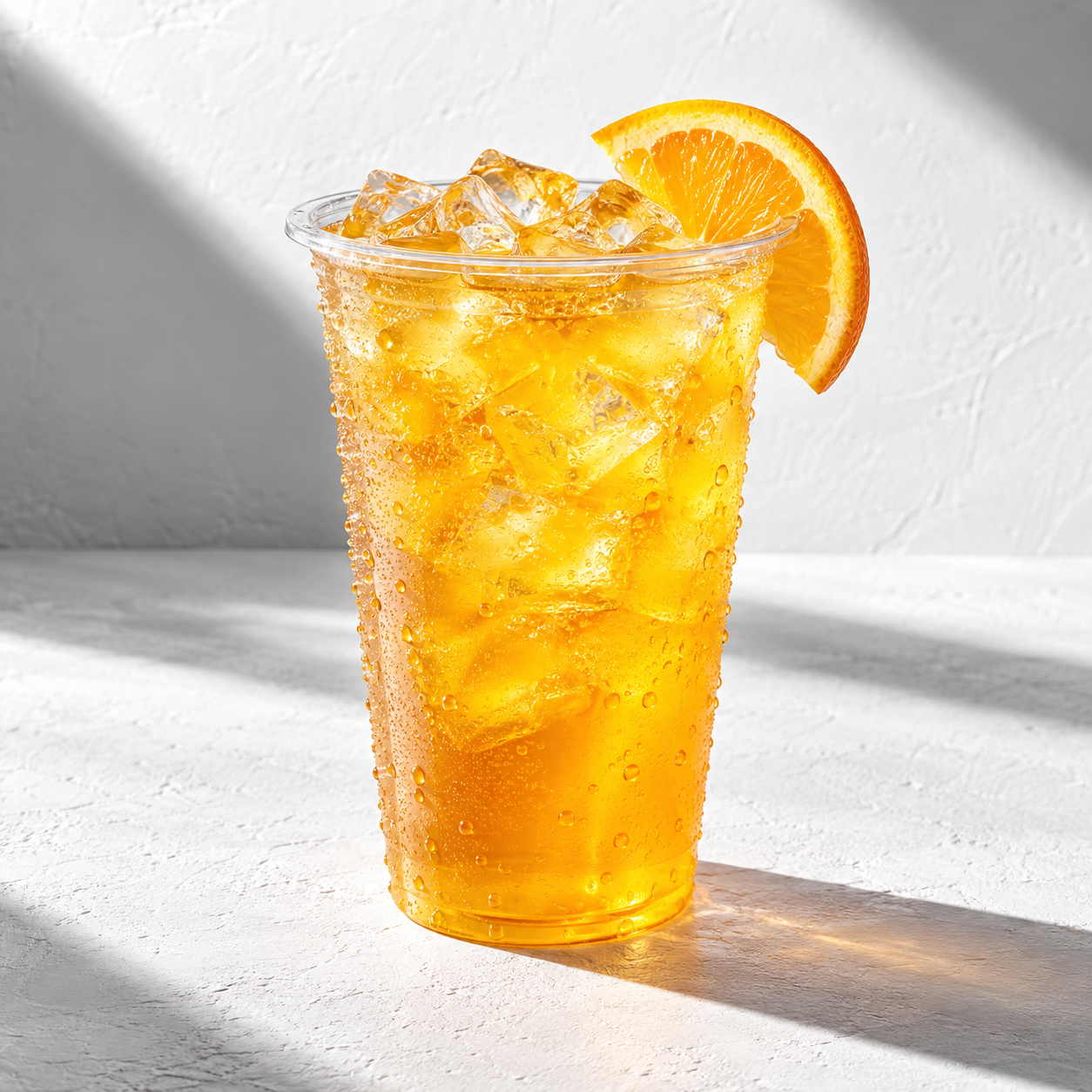 Golden orange energy refresher with ice and an orange garnish