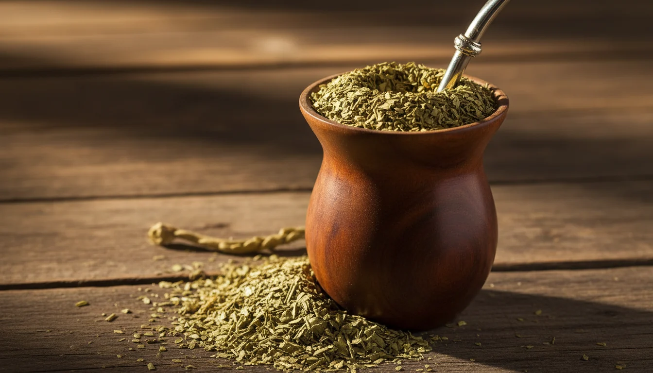 Traditional mate gourd with dried leaves and a metal straw