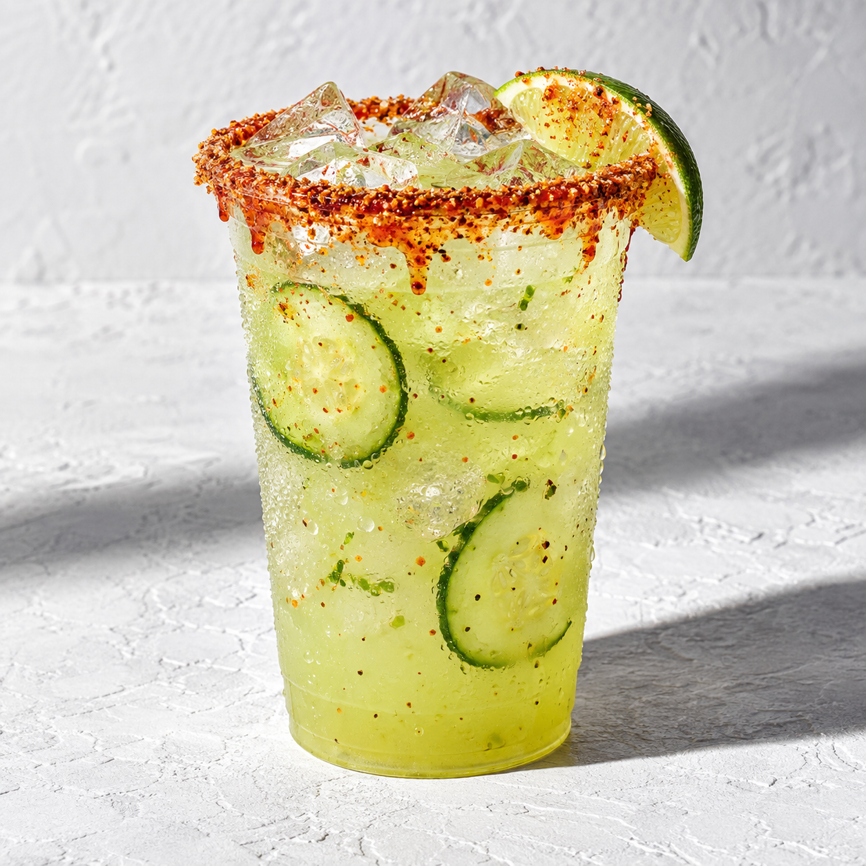 Cucumber-lime preparado with chamoy and Tajín rim